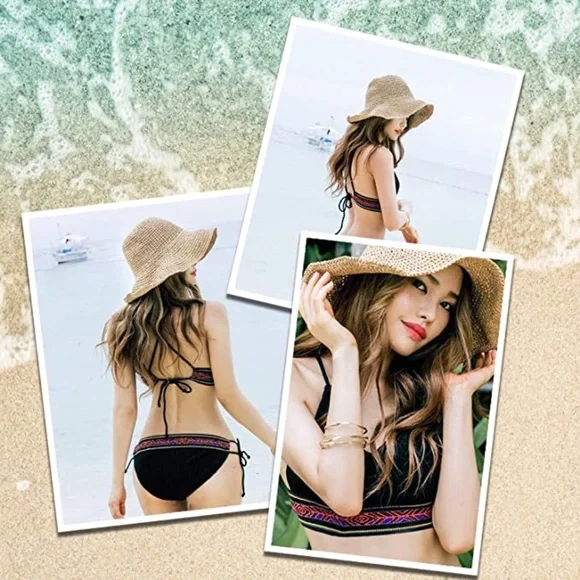 Artisan Handmade Natural Minimalist Packable Wavy Brim Straw Hat, One Size. Two ribbon tones, one silhouette. The Extra Long Brim  main image 3